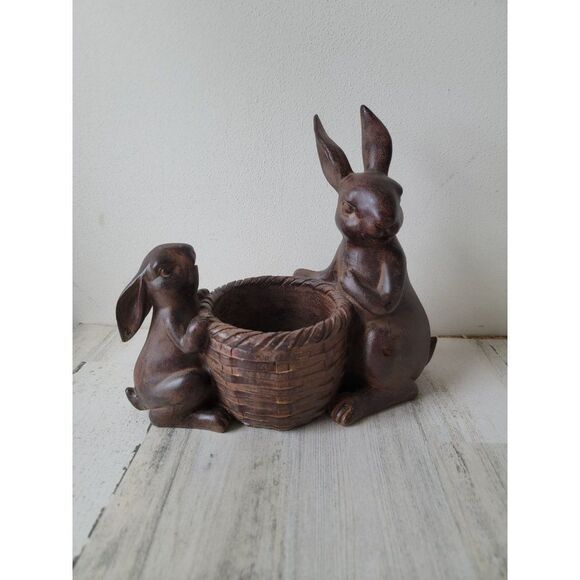 faux chocolate Easter rabbit Brown basket figure home decor centerpiece - Picture 2 of 7